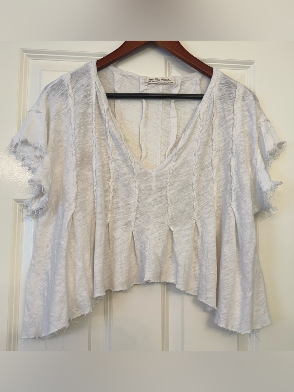 Free people We the Free Linen Cotton Top XS Boho Raw Hem V-Neck Oversized White - Picture 1 of 8